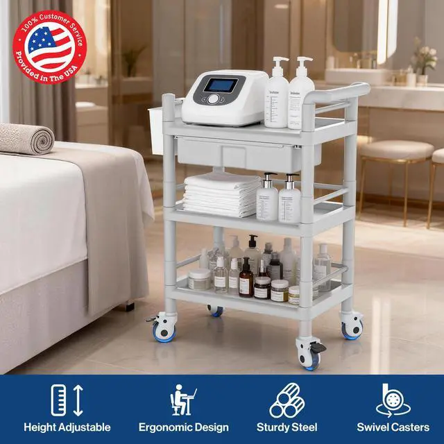 Alt view image 2 of 6 - Medical Mobile Trolley Cart 3 Tier 500 Lbs Spacious Beauty Salon Rolling Trolley with Dirt Buckets Drawers 360°Rotate Wheels Heavy Duty Medical Utility Cart for Hospital Dental Clinic