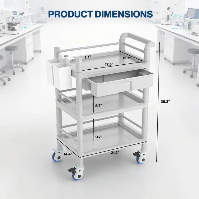 Alt view image 3 of 6 - Medical Mobile Trolley Cart 3 Tier 500 Lbs Spacious Beauty Salon Rolling Trolley with Dirt Buckets Drawers 360°Rotate Wheels Heavy Duty Medical Utility Cart for Hospital Dental Clinic