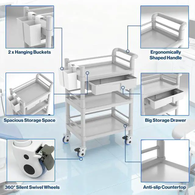 Alt view image 4 of 6 - Medical Mobile Trolley Cart 3 Tier 500 Lbs Spacious Beauty Salon Rolling Trolley with Dirt Buckets Drawers 360°Rotate Wheels Heavy Duty Medical Utility Cart for Hospital Dental Clinic