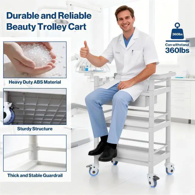 Alt view image 5 of 6 - Medical Mobile Trolley Cart 3 Tier 500 Lbs Spacious Beauty Salon Rolling Trolley with Dirt Buckets Drawers 360°Rotate Wheels Heavy Duty Medical Utility Cart for Hospital Dental Clinic