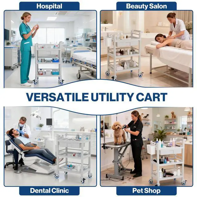 Alt view image 6 of 6 - Medical Mobile Trolley Cart 3 Tier 500 Lbs Spacious Beauty Salon Rolling Trolley with Dirt Buckets Drawers 360°Rotate Wheels Heavy Duty Medical Utility Cart for Hospital Dental Clinic