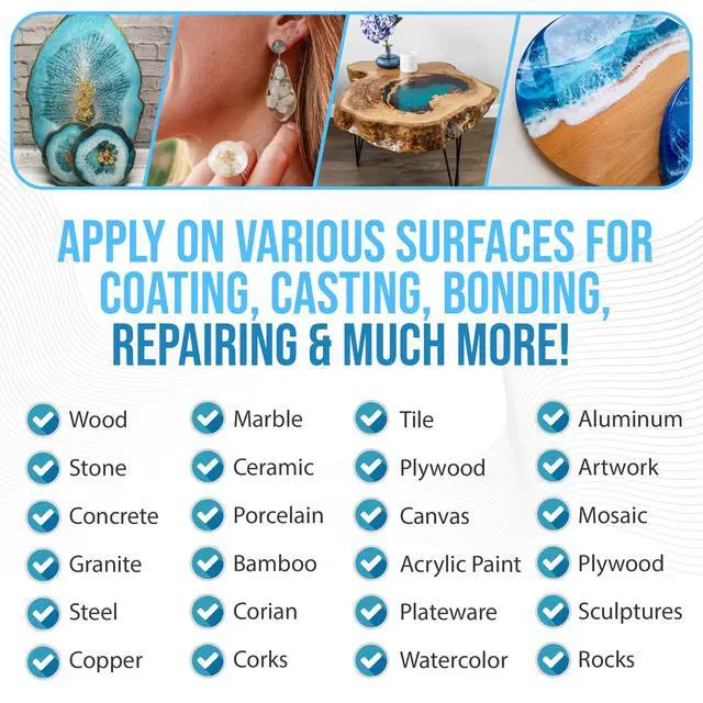 Alt view image 6 of 6 - Epoxy Resin 4 Gallon Kit | 1:1 Crystal Clear Resin and Hardener for Super Gloss Coating | for Bars, Tabletop, Art, Jewelry, Casting Molds | Safe for Use on Wood, Metal, Stone, Plastic, Marine Sealer