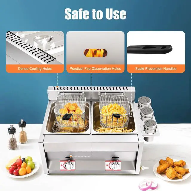Alt view image 5 of 6 - Commercial Countertop Gas Fryer, Professional Deep Fryer Kits 6Lx2 Stainless Steel Dual Tank Deep Fryer LPG Kitchen Frying Machine with 2 Basket for Kitchen Restaurant Home Use (US Stock)
