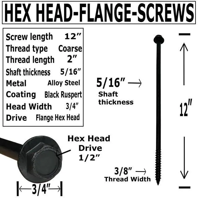 Alt view image 2 of 6 - (50) 3/8 X 12 Black Hex Head Lag Wood Screws, Heavy Duty lag Bolts for Timber, Tree Houses, Fences by -Qty 50