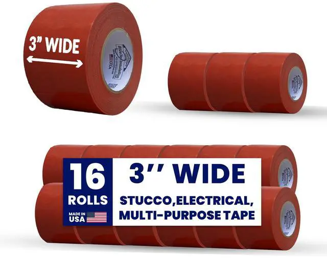 Main image of Made in USA - Wide 3 Stucco/Painters Tape. 16 Rolls - 3 x 60 Yards. 30 Day Removal NO Residue, NO Splitting on Removal - Professional Grade Polyethylene Tape (PE Tape)