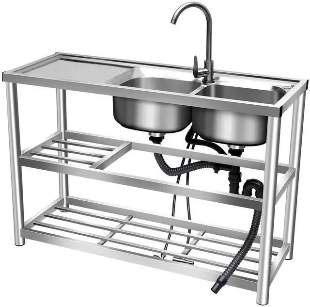 Main image of 2 Compartment Stainless Steel Commercial Kitchen Utility Sink + Prep Counter Utility Sink Freestanding Stainless Steel Double Bow Kitchen Set Commercial Sinks for Restaurants