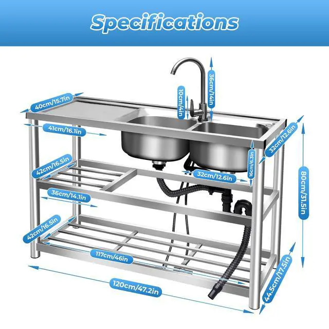 Alt view image 2 of 6 - 2 Compartment Stainless Steel Commercial Kitchen Utility Sink + Prep Counter Utility Sink Freestanding Stainless Steel Double Bow Kitchen Set Commercial Sinks for Restaurants