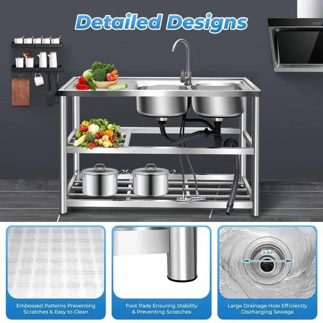 Alt view image 6 of 6 - 2 Compartment Stainless Steel Commercial Kitchen Utility Sink + Prep Counter Utility Sink Freestanding Stainless Steel Double Bow Kitchen Set Commercial Sinks for Restaurants