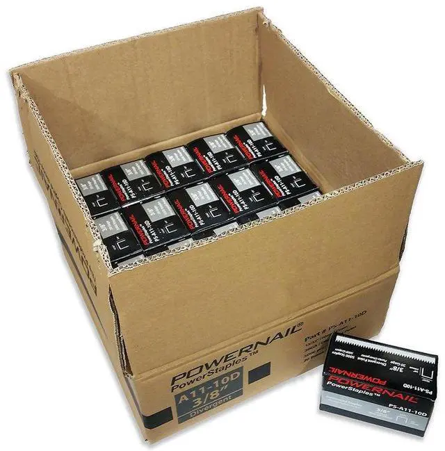 Main image of PSA1110D 20 Gauge 13/32 Inch Crown 3/8 Inch Length Divergent Point Collated Galvanized Staples, A11 / T50 Series (Box of 100,000)