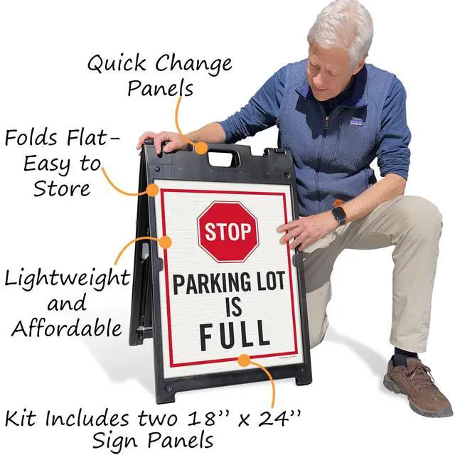Alt view image 3 of 4 - 24 x 18 inch Stop - Parking Lot is Full Two-Sided BabyBoss A-Frame Sign Kit, Plastic, Black, Red and white (1 A-Frame + 2 Sign Panels), Made in USA