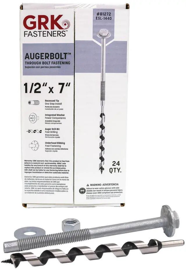 Main image of Fasteners AugerBolt Through Bolt Fastening System, Galvanized Heavy-Duty Carriage Bolts, Rust & Corrosion Resistance for Post-to-Beam Connections, 24 Bolts with Drill Bit, Hex Nuts, & Washers