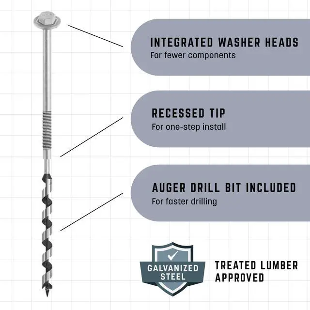 Alt view image 2 of 6 - Fasteners AugerBolt Through Bolt Fastening System, Galvanized Heavy-Duty Carriage Bolts, Rust & Corrosion Resistance for Post-to-Beam Connections, 24 Bolts with Drill Bit, Hex Nuts, & Washers