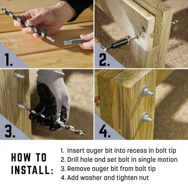 Alt view image 4 of 6 - Fasteners AugerBolt Through Bolt Fastening System, Galvanized Heavy-Duty Carriage Bolts, Rust & Corrosion Resistance for Post-to-Beam Connections, 24 Bolts with Drill Bit, Hex Nuts, & Washers