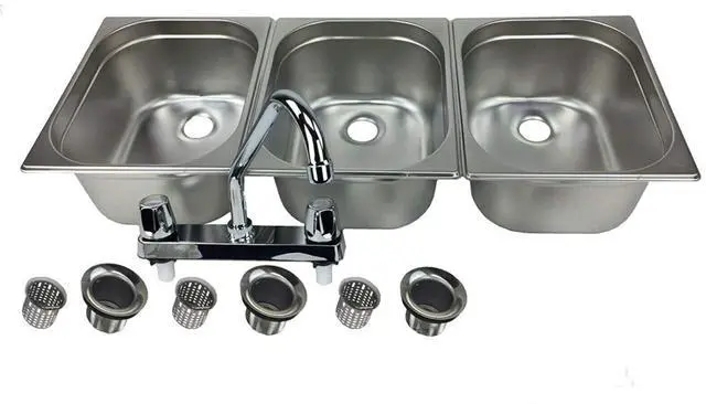 Main image of 3-Large Compartment Drop-in Stainless Steel Concession Sink | Portable 3-basin sink with 12" faucet, bar drains, and basket strainers included. for food truck and concession stands