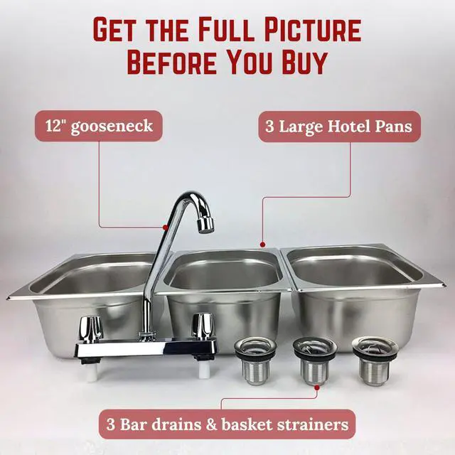 Alt view image 5 of 6 - 3-Large Compartment Drop-in Stainless Steel Concession Sink | Portable 3-basin sink with 12" faucet, bar drains, and basket strainers included. for food truck and concession stands