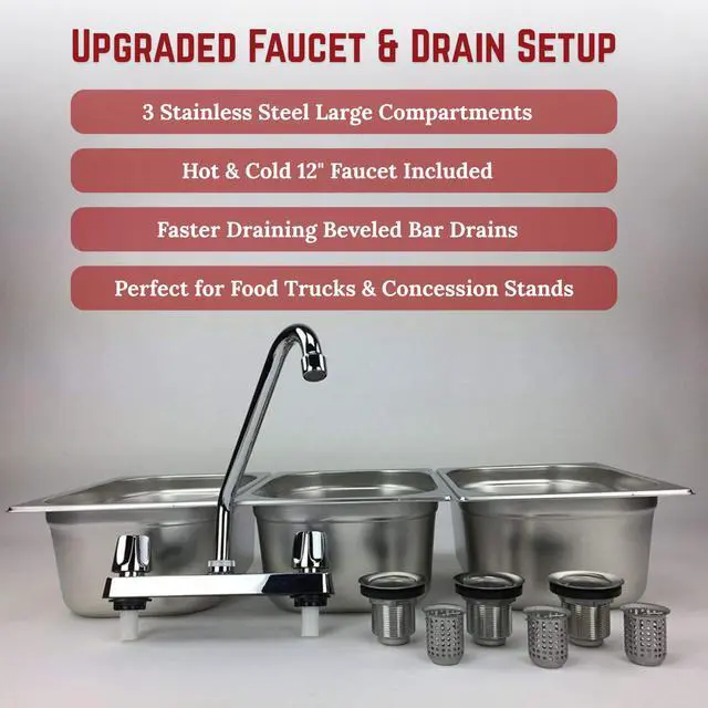 Alt view image 6 of 6 - 3-Large Compartment Drop-in Stainless Steel Concession Sink | Portable 3-basin sink with 12" faucet, bar drains, and basket strainers included. for food truck and concession stands
