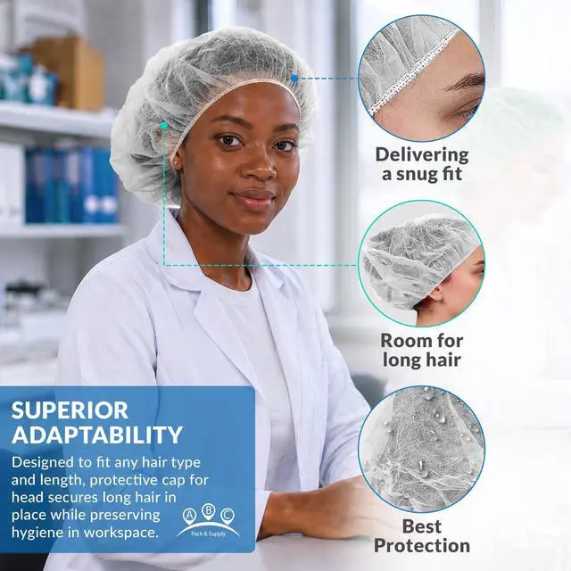 Alt view image 4 of 6 - Disposable Bouffant Caps, 24 Inch White Hair Nets, Pack of 1000, Spunbond Polypropylene Hair Covers with Elastic Edge for Food Service, Kitchens and Industrial Work Areas
