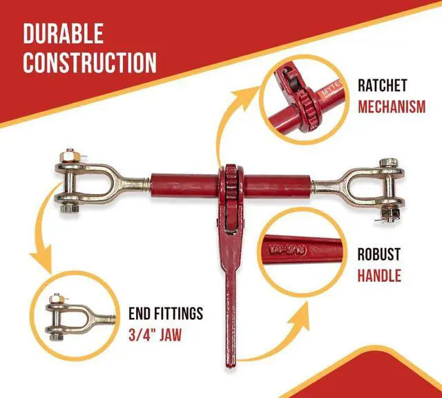Alt view image 3 of 6 - 4 Pack 5/16" - 1/4" Jaw Jaw Chain Load Binder 6" Barrel, 3,500 lbs WLL Ratcheting Tie Down Chain Binder for Transportation, Construction, and Heavy Duty Applications