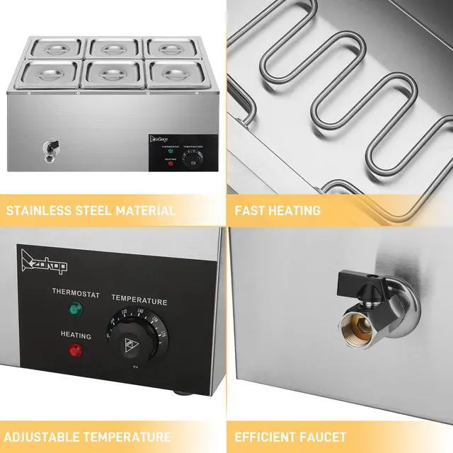 Alt view image 3 of 6 - 110V 6-Pan Commercial Food Warmer, 19QT Electric Steam Table 6 Inch Deep, 1200W Countertop Stainless Steel Food Soup Buffet w/Temperature Control & Lid for Catering, Restaurant, Party