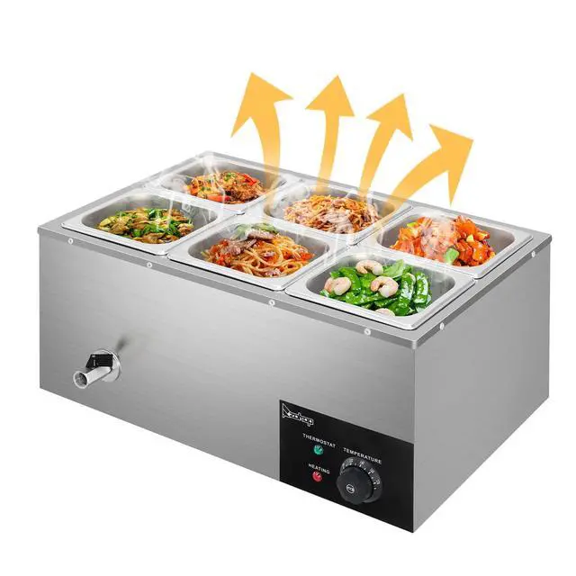 Alt view image 4 of 6 - 110V 6-Pan Commercial Food Warmer, 19QT Electric Steam Table 6 Inch Deep, 1200W Countertop Stainless Steel Food Soup Buffet w/Temperature Control & Lid for Catering, Restaurant, Party