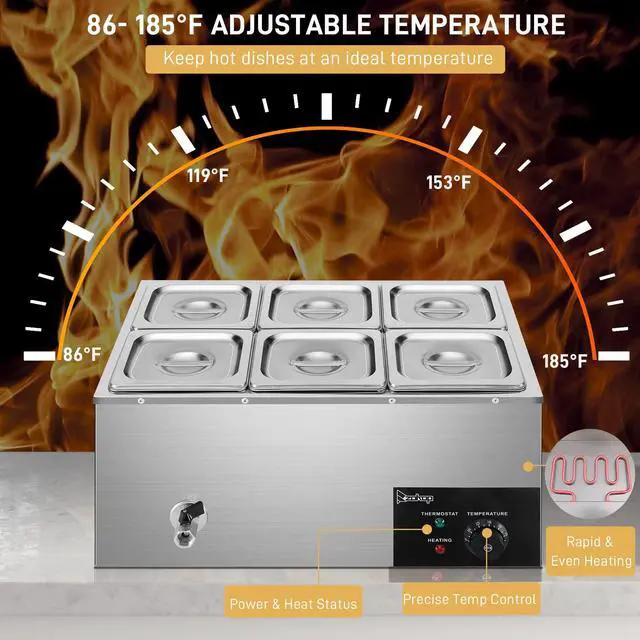 Alt view image 5 of 6 - 110V 6-Pan Commercial Food Warmer, 19QT Electric Steam Table 6 Inch Deep, 1200W Countertop Stainless Steel Food Soup Buffet w/Temperature Control & Lid for Catering, Restaurant, Party