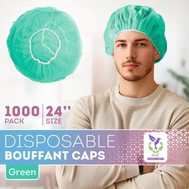Alt view image 2 of 6 - Disposable Bouffant Caps, 24 Inch Green Polypropylene Hair Covers with Elastic Band, Breathable Nonwoven Head Covers for Food Service, Spa, Salon, 1000 Pack