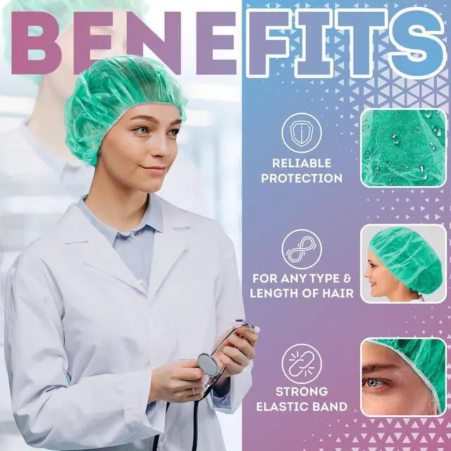 Alt view image 4 of 6 - Disposable Bouffant Caps, 24 Inch Green Polypropylene Hair Covers with Elastic Band, Breathable Nonwoven Head Covers for Food Service, Spa, Salon, 1000 Pack