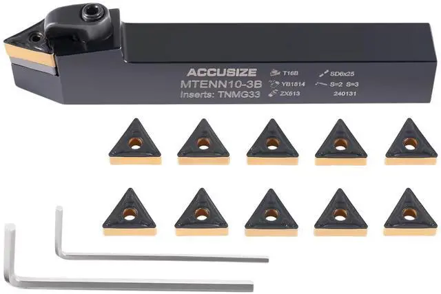 Main image of Accusize MTENN-10-3B Facing Toolholder Kit, 5/8 in Shank | Includes 10 TNMG332 CVD Coated Carbide Inserts, 4-1/2 in OAL, Negative Rake, 30 Deg End Angle, 2313-5014INS