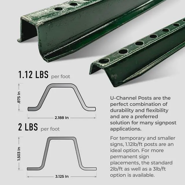 Alt view image 2 of 6 - U Channel Sign Post, 7 Feet Tall 1.12 LBS Steel per Foot, Medium Weight Slim Post, Baked on Green Enamel, (4 Pack)