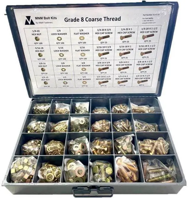 Main image of 1,250 Piece Grade 8 Coarse Thread Nut Bolt Hex Bolt Hex Head Cap Screw & Washer Assortment with Metal Drawer