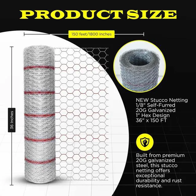 Alt view image 4 of 6 - New Stucco Netting 36 in x 150 FT | 1/8" Self Furred | 1 Mesh x 20GA | Hot Dipped Galvanized | Hexagonal Galvanized Mesh (Stucco 36x150FT)