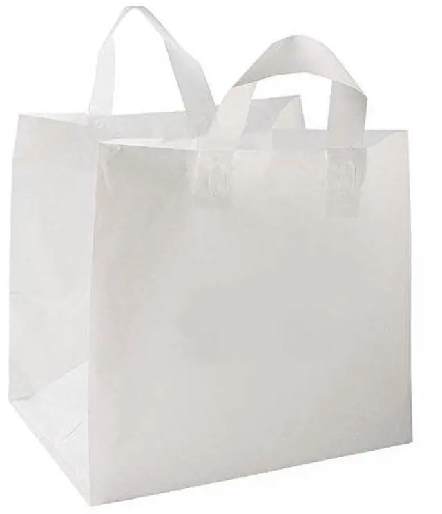 Main image of 200 Pcs 12" x 10" x 14" Wide Gusset White Plastic Take Out Bags Soft Loop Handles & Cardboard Bottom To Go Bags for Cake, Food Service and Shopping