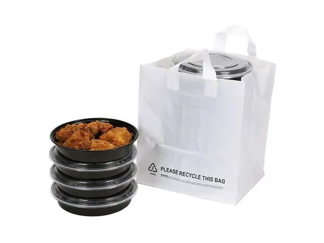 Alt view image 2 of 2 - 200 Pcs 12" x 10" x 14" Wide Gusset White Plastic Take Out Bags Soft Loop Handles & Cardboard Bottom To Go Bags for Cake, Food Service and Shopping