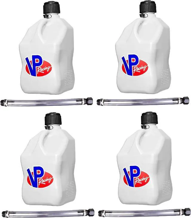 Main image of 5.5 Gallon Square Motorsport Jug White w/ 14" Standard Hose (4 Pack) Close-Trimmed Cap and Neck for Tight Seal
