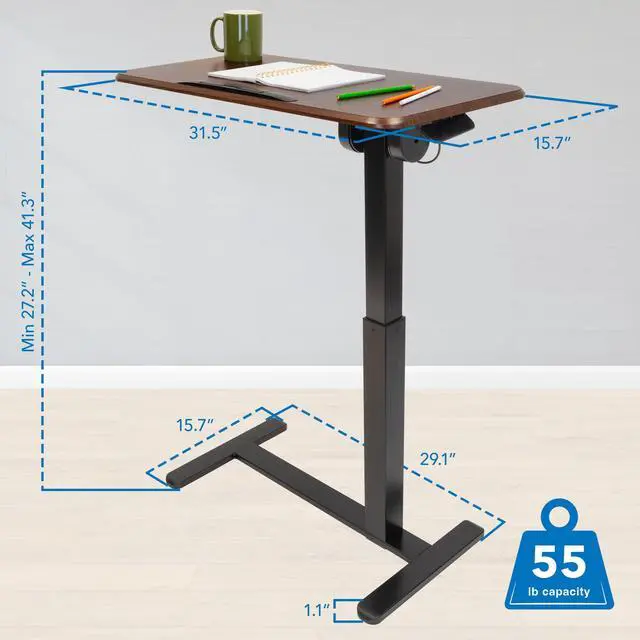 Alt view image 3 of 6 - Rolling Bedside Table, Overbed Tray Table on Wheels for Hospital or Home Meals in Bed, Adjustable Height Tilting Swivel Standing Laptop Desk 31"x15" with Wheels, Walnut Color 27" to 41" High