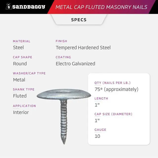 Alt view image 2 of 6 - 1" Metal Cap Fluted Masonry Nails - Electro Galvanized Steel (appx. 75 nails/lb) - Cement, Brick, Concrete Nails (25, Pounds)