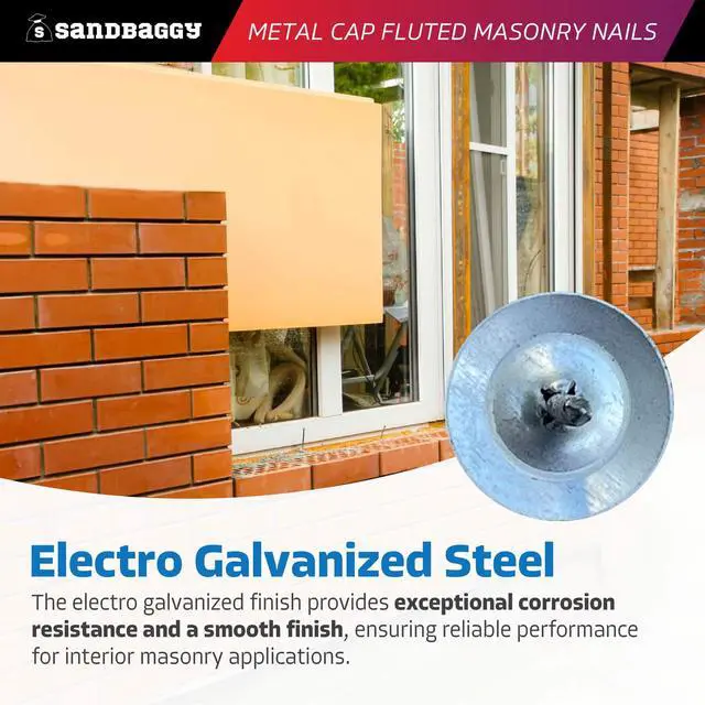 Alt view image 4 of 6 - 1" Metal Cap Fluted Masonry Nails - Electro Galvanized Steel (appx. 75 nails/lb) - Cement, Brick, Concrete Nails (25, Pounds)