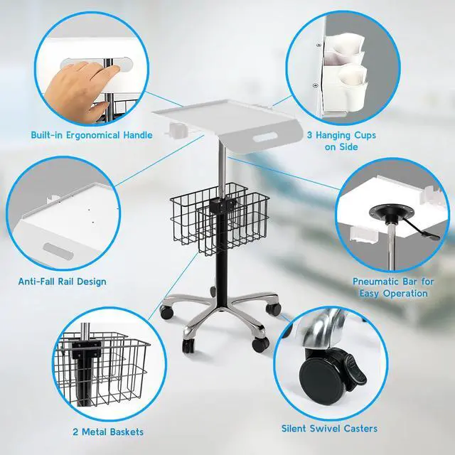 Alt view image 5 of 6 - Medical Mobile Trolley Cart with Wheels - Stainless Steel Rolling Medical Cart for Laptop Scanner Ultrasound EKG with 16"× 16.5" Large Tabletop - Mobile Trolley for Dental Offices, Hospitals, Labs