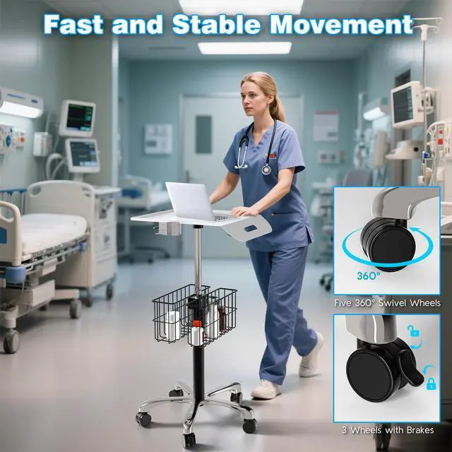Alt view image 6 of 6 - Medical Mobile Trolley Cart with Wheels - Stainless Steel Rolling Medical Cart for Laptop Scanner Ultrasound EKG with 16"× 16.5" Large Tabletop - Mobile Trolley for Dental Offices, Hospitals, Labs