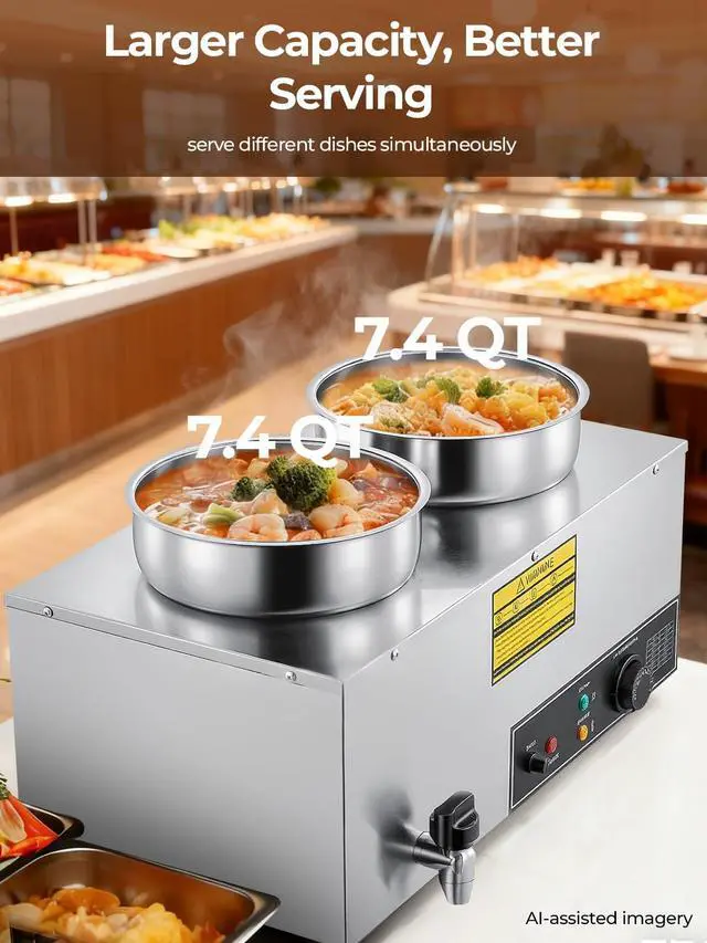 Alt view image 3 of 6 - Soup Warmer Commercial, 15QT Bain Marie Double Pot Warmer for Restaurant, 1200W Stainless Steel Portable Food Warmer, Digital Temperature Control (86-185°F), Anti-Dry Burn and Reset Button