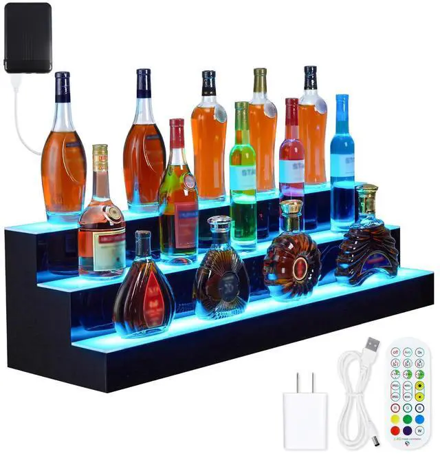 Main image of Liquor Bottle Display Shelf, 24 in Acrylic Lighted Bottle Display with Remote & App Control, 1-8 H Timing, 3-Tiers Bottle Stand Mulit-color Lighting for Home/Commercial Bar Display, Home Storage