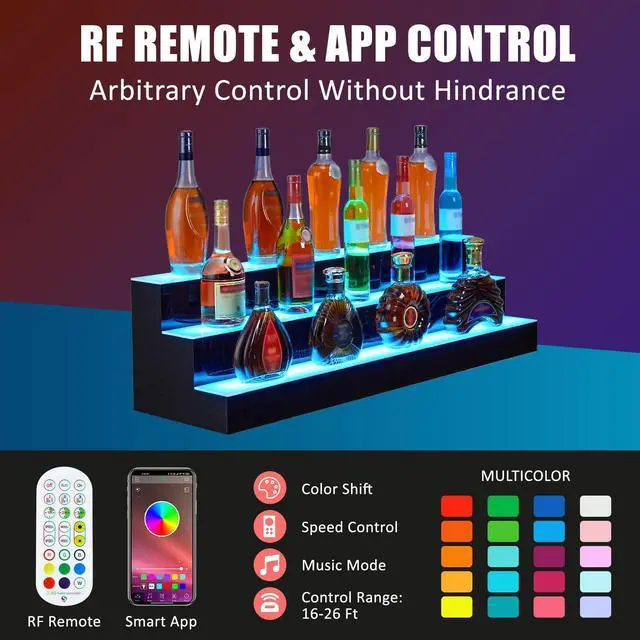Alt view image 4 of 6 - Liquor Bottle Display Shelf, 24 in Acrylic Lighted Bottle Display with Remote & App Control, 1-8 H Timing, 3-Tiers Bottle Stand Mulit-color Lighting for Home/Commercial Bar Display, Home Storage
