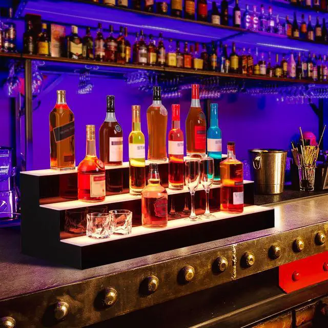 Alt view image 5 of 6 - Liquor Bottle Display Shelf, 24 in Acrylic Lighted Bottle Display with Remote & App Control, 1-8 H Timing, 3-Tiers Bottle Stand Mulit-color Lighting for Home/Commercial Bar Display, Home Storage