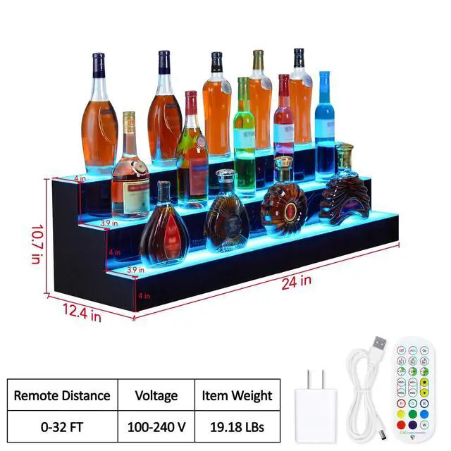 Alt view image 6 of 6 - Liquor Bottle Display Shelf, 24 in Acrylic Lighted Bottle Display with Remote & App Control, 1-8 H Timing, 3-Tiers Bottle Stand Mulit-color Lighting for Home/Commercial Bar Display, Home Storage