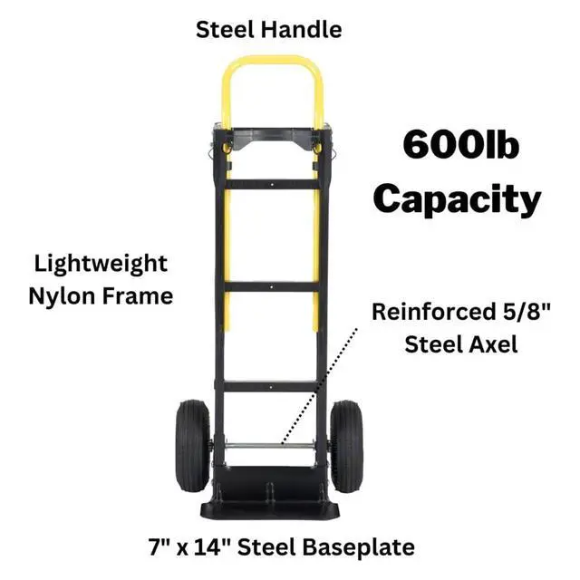 Alt view image 5 of 6 - Trucks PGDYK1635PKD 700 Pound Capacity Glass Filled Nylon Frame Convertible Hand Truck Cart and Dolly with 10 Inch Pneumatic Wheels, Black