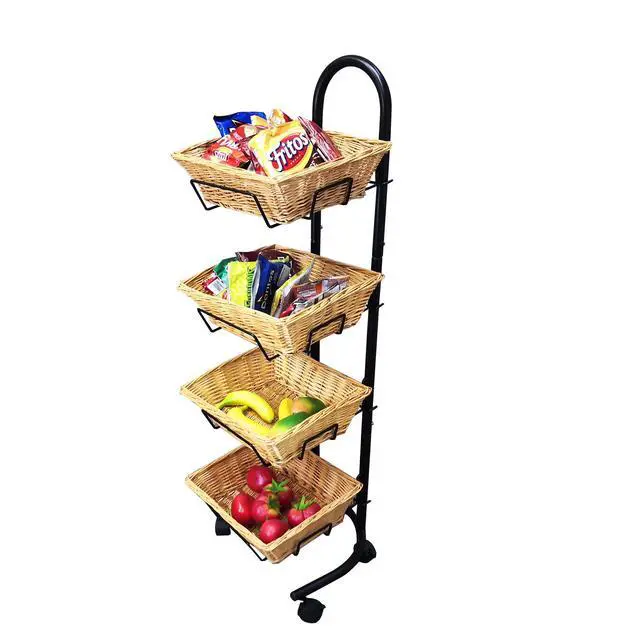 Main image of ® Rolling Wicker Basket Display 4 Tier Market Merchandiser Stand Kitchen Pantry Organizer on Wheels 120009-NF