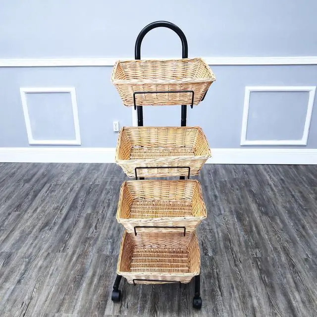 Alt view image 2 of 6 - ® Rolling Wicker Basket Display 4 Tier Market Merchandiser Stand Kitchen Pantry Organizer on Wheels 120009-NF