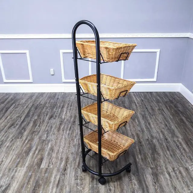 Alt view image 3 of 6 - ® Rolling Wicker Basket Display 4 Tier Market Merchandiser Stand Kitchen Pantry Organizer on Wheels 120009-NF