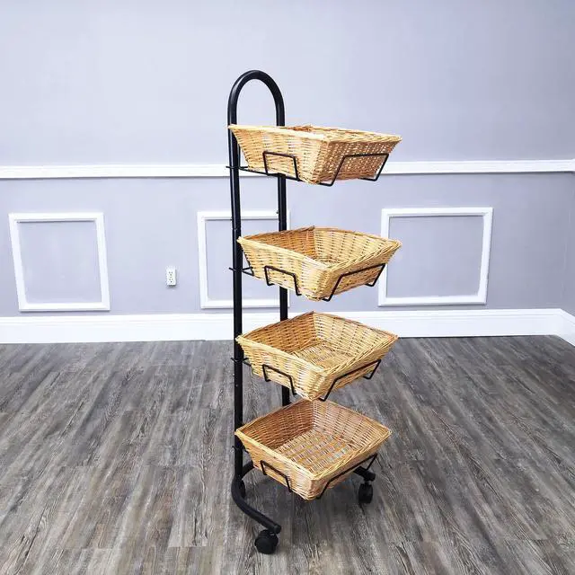 Alt view image 4 of 6 - ® Rolling Wicker Basket Display 4 Tier Market Merchandiser Stand Kitchen Pantry Organizer on Wheels 120009-NF