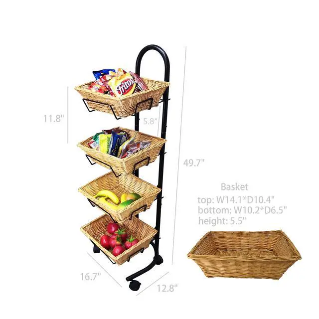 Alt view image 5 of 6 - ® Rolling Wicker Basket Display 4 Tier Market Merchandiser Stand Kitchen Pantry Organizer on Wheels 120009-NF